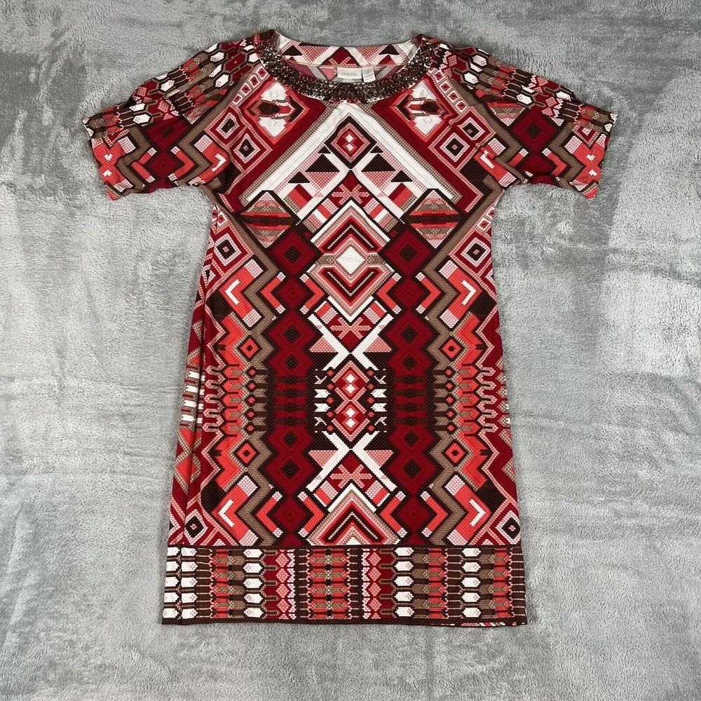 Chicos Red Brown Geometric Print Beaded Aztec Cutout Sleeve Dress Size‎ 1-US M/8